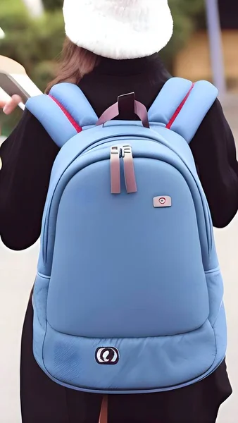back view of woman with backpack and bag on background