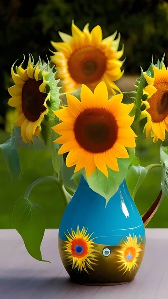 sunflower in a vase on a background of sunflowers