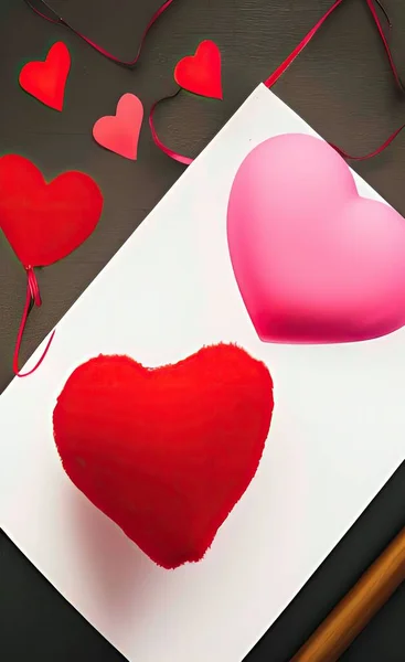red heart and paper hearts on white background