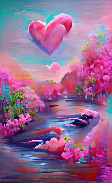 beautiful watercolor painting of a river with flowers and oil