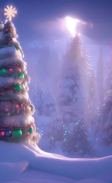 digital composite of christmas tree with snow and lights