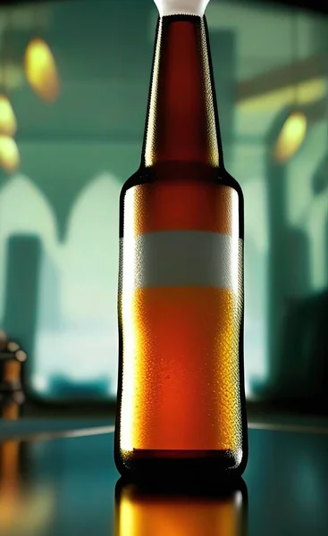 beer bottle with foam on a wooden background