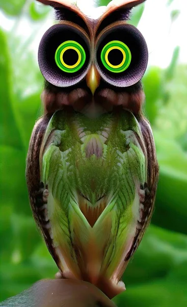 green owl with a bird