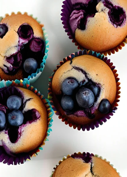 delicious blueberry muffins with blueberries and raspberries on white background
