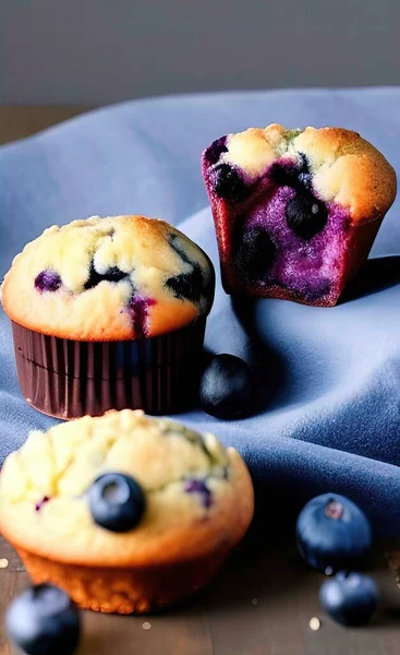 blueberry muffins with blueberries and berries on a white plate