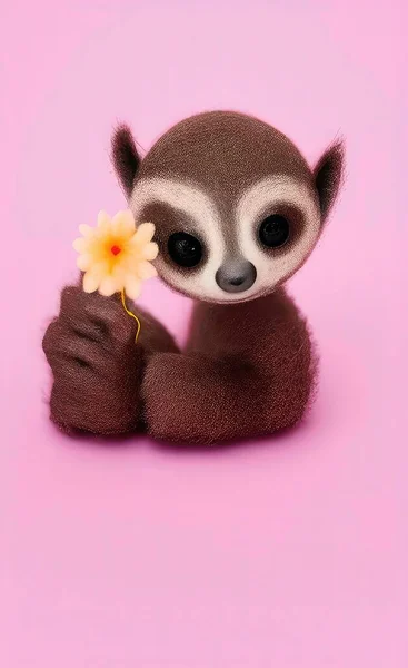 cute little panda bear with pink flower on a yellow background