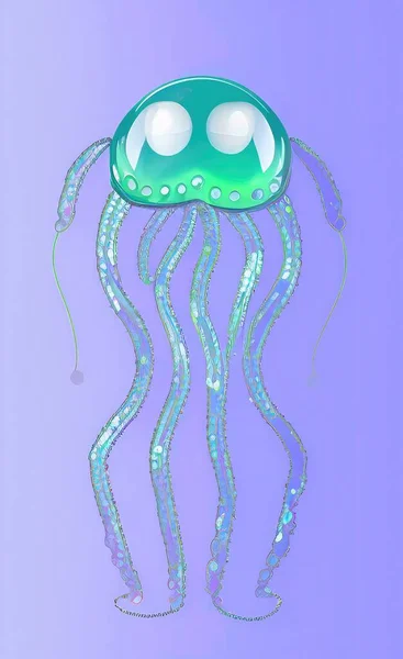 hand drawn watercolor illustration of a jellyfish with a bow on a blue background.