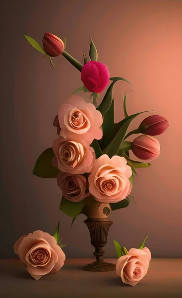beautiful bouquet of roses in a vase on a dark background.