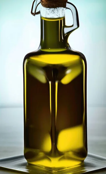 olive oil bottle with olives on a white background