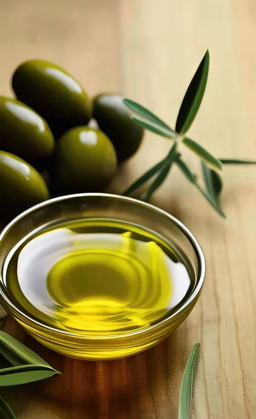 green olives and olive oil on wooden background