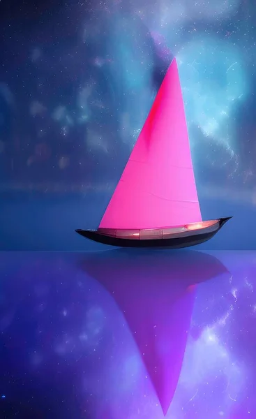 3d illustration of a purple flying ship on a background of a sea