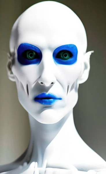 mannequin with blue eyes and silver face mask