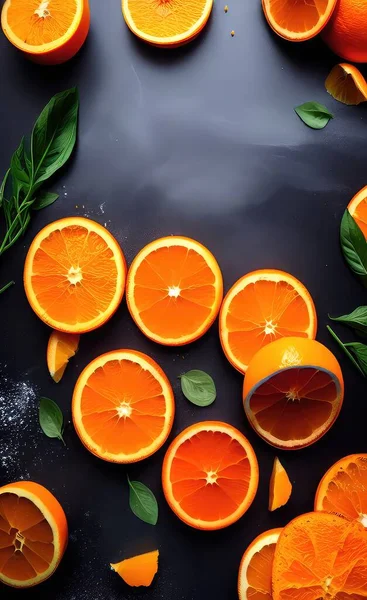 fresh citrus fruits on a black background. top view. free space for text.
