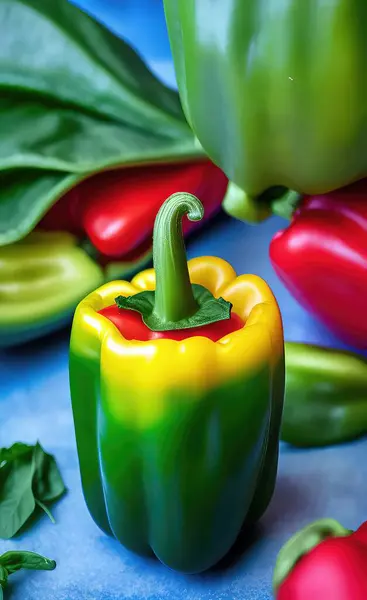 fresh green and yellow peppers on a blue background