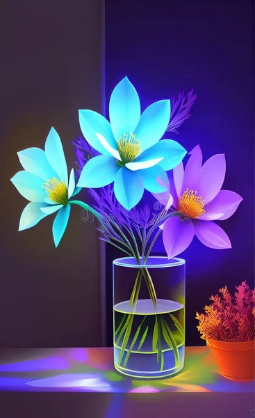 beautiful flowers in a glass vase on a blue background