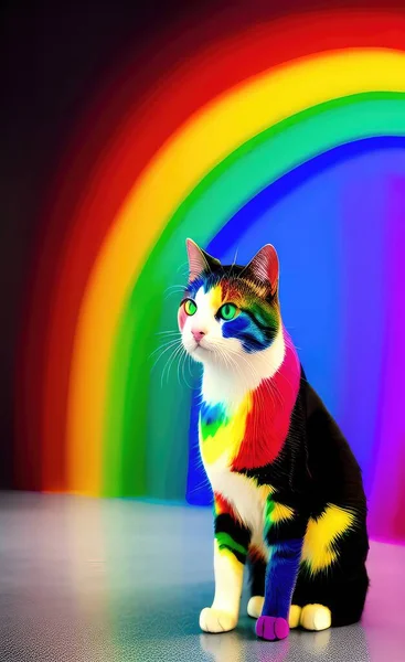 cat with colorful rainbow paint on a blue background