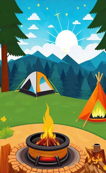camping tent with camp and campfire vector illustration design