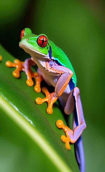 a green frog is on a plant in a tree, close-up