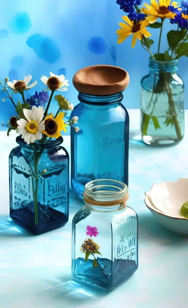 jar of flowers and a glass of water on a blue background