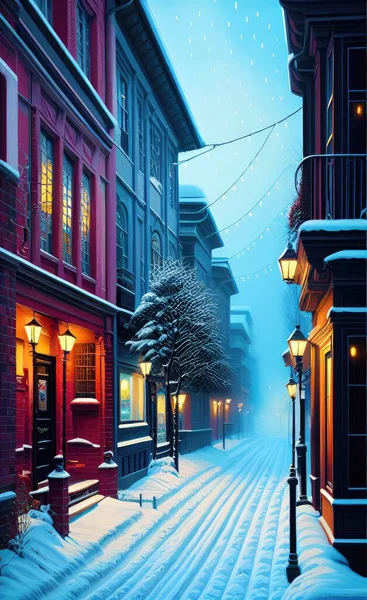 christmas street with snow and lights