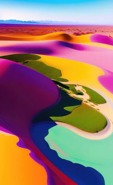 3d illustration of a colorful fantasy landscape with a river, a rainbow, a lake, a pink,