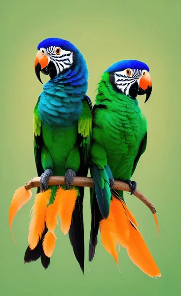 colorful parrots sitting on a branch of her and green leaves. isolated on white background.
