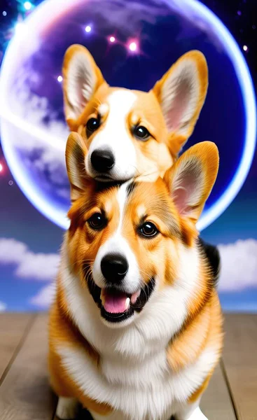 dog with a red eyes and a cute corgi