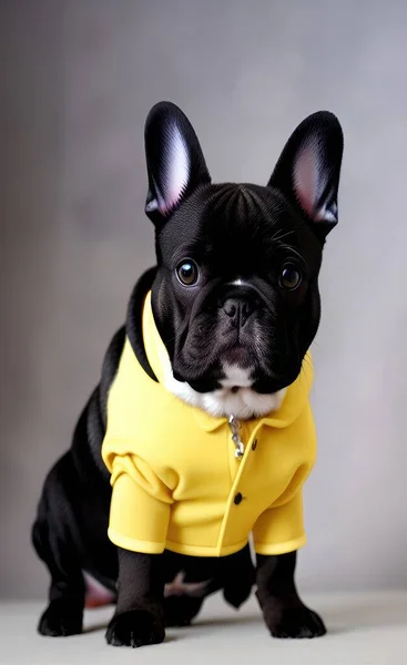 french bulldog in a black suit and a white collar