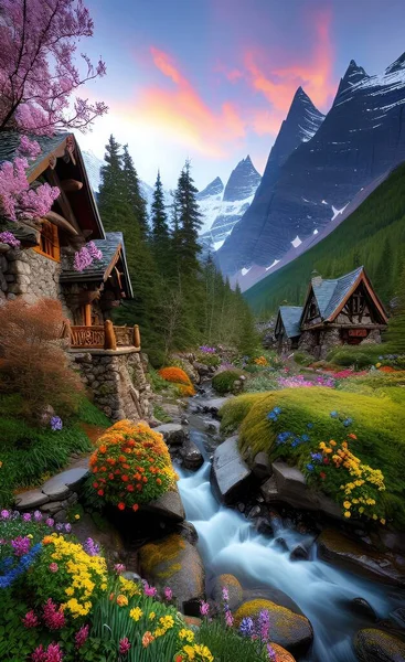 beautiful landscape with a small house in the mountains