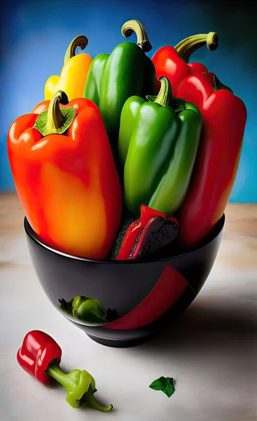 fresh red and yellow bell peppers on a wooden background.