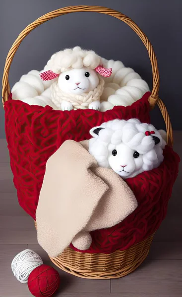 toy teddy bear with a basket of wool and a wicker ball on a wooden background