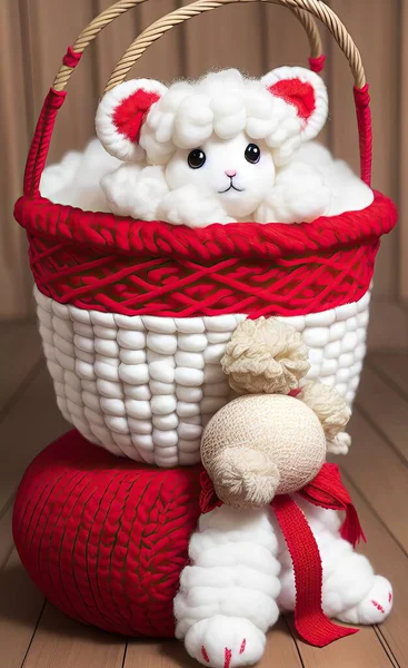 toy teddy bear with a basket of wool, knitted toys, on a wooden background.