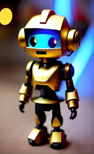 robot figurine with gold coins on a background of a blurred blue sky.