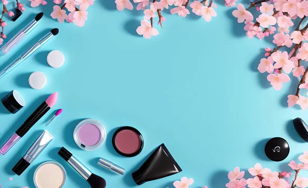 flat lay composition with makeup products and accessories on pink background