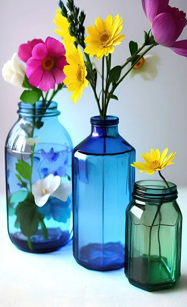 beautiful flowers in glass vase on white background