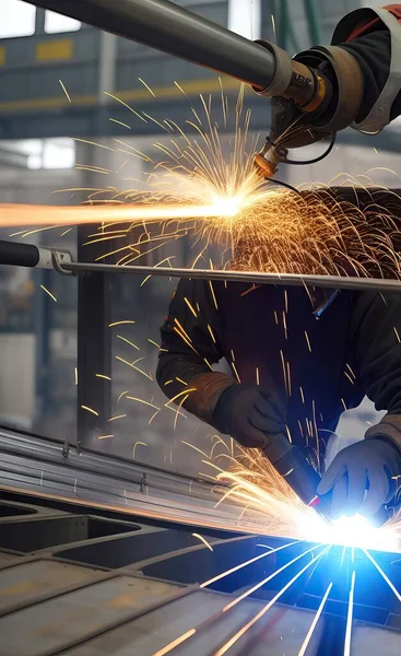 industrial worker welding metal with sparks