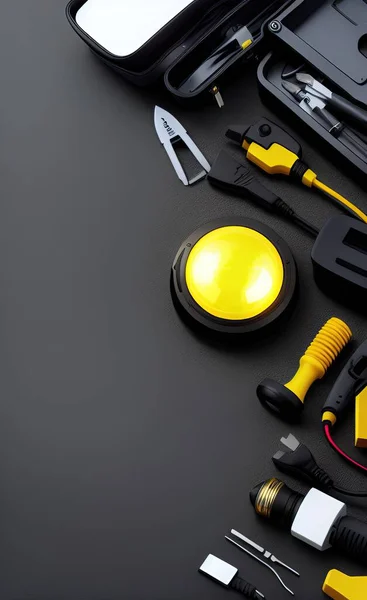 set of tools, instruments, car, tool, repair and other products on black background. top view