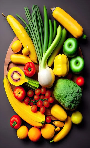 fresh fruits and vegetables on a black background.