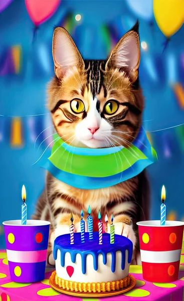 birthday party celebration background with funny cat and cake