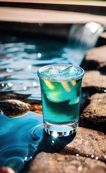 cocktail with ice and lemon on a blue background
