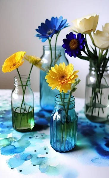 beautiful flowers in glass vase on blue background