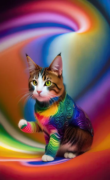 cat with colorful spots and rainbow