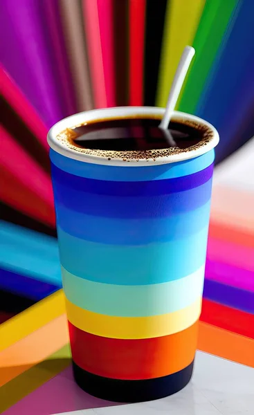 cup of coffee and colorful pencils on a blue background