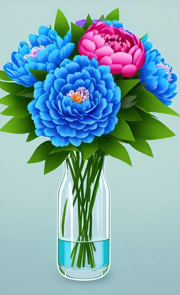 vase with blue and white peony flowers. beautiful bouquet. spring background. 3d rendering