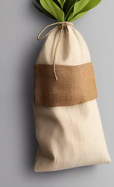 bag with green leaves on a brown background