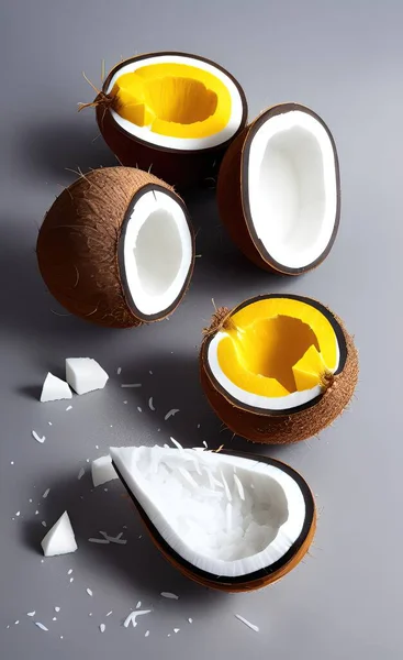 coconut milk and fresh coconuts on a white background.