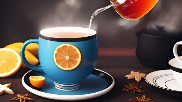 cup of tea with lemon and cinnamon sticks on a wooden background.