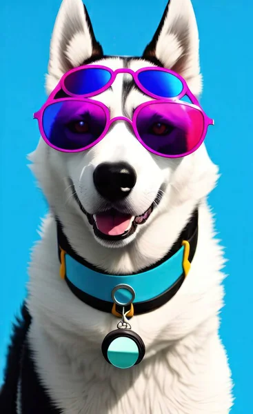 dog with sunglasses and glasses of french bulldog on blue background