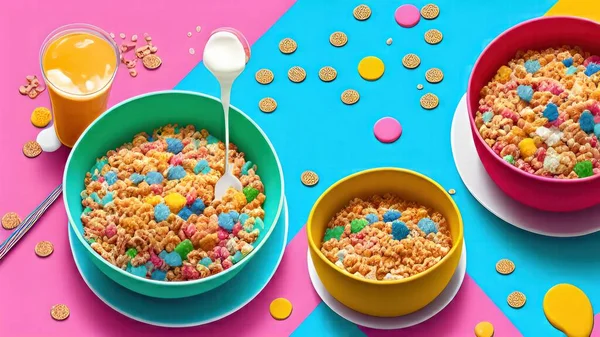breakfast with corn flakes and cereals on a blue background. top view.