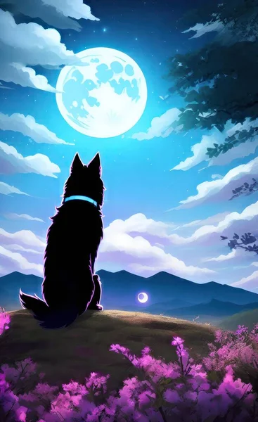 illustration of a cat with a moon in the sky